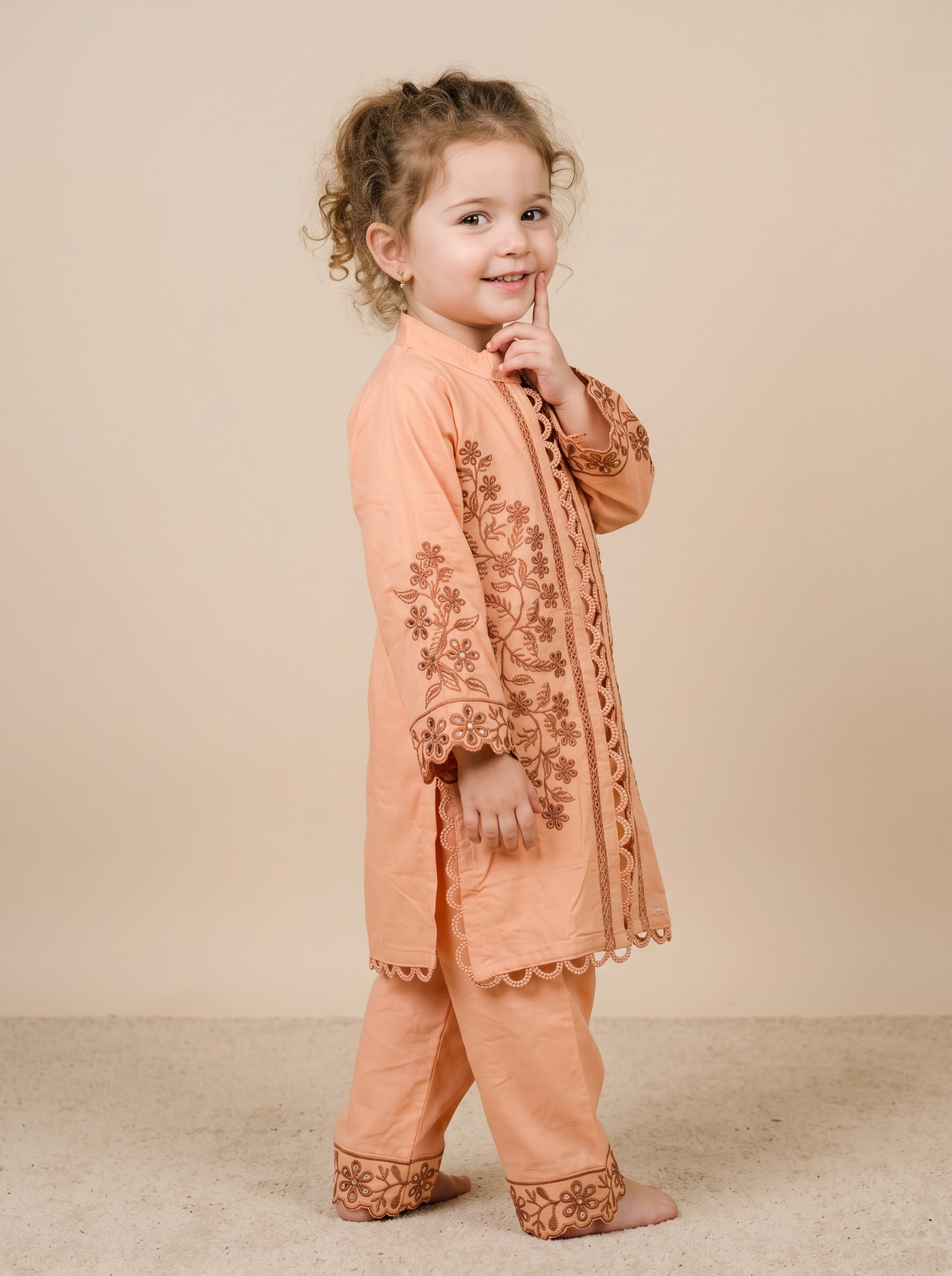 Girls Peach Cotton Embroidery Work Kurti Set | 1776 Peach