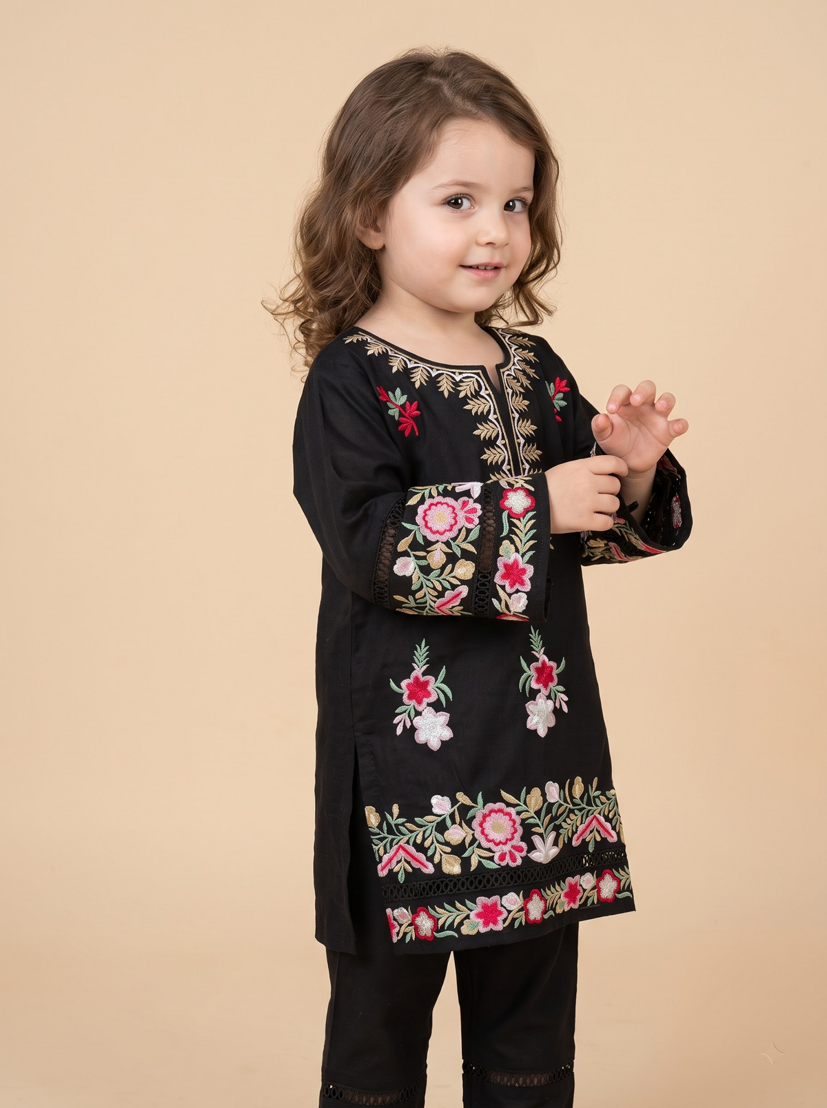 Girls Black Cotton Embroidery Work Kurti Set - 1777 Black