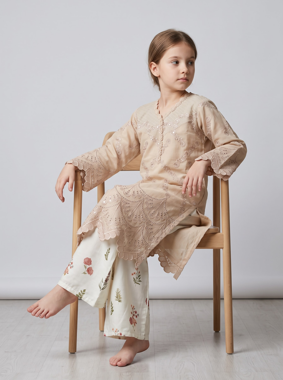 Georgette Embroidery Kurti Plazo Set 1822 Beige