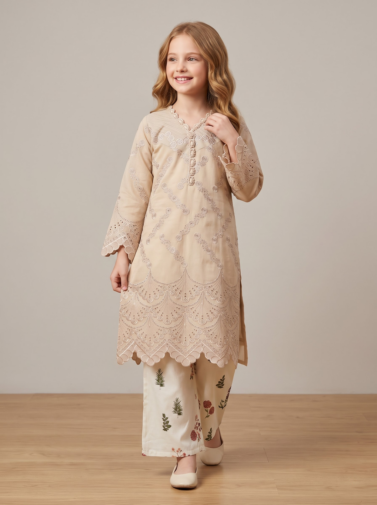 Georgette Embroidery Kurti Plazo Set 1822 Beige