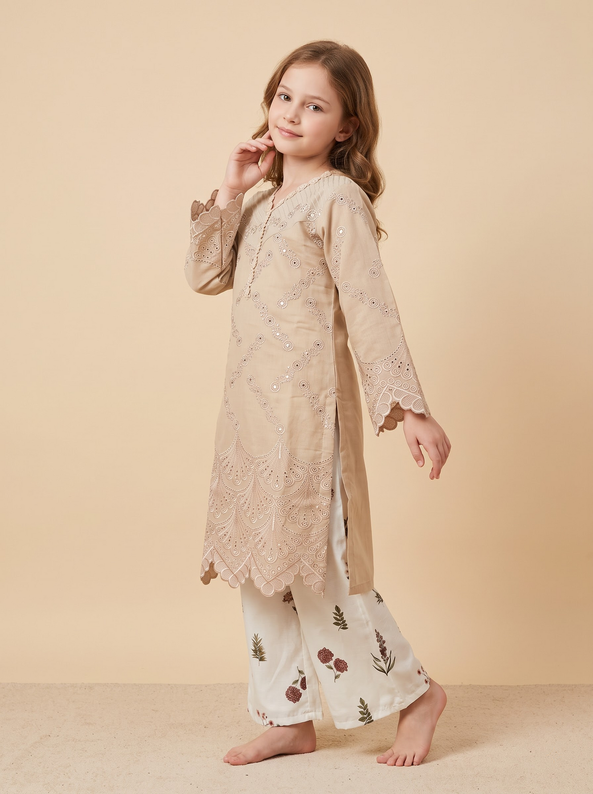 Georgette Embroidery Kurti Plazo Set 1822 Beige