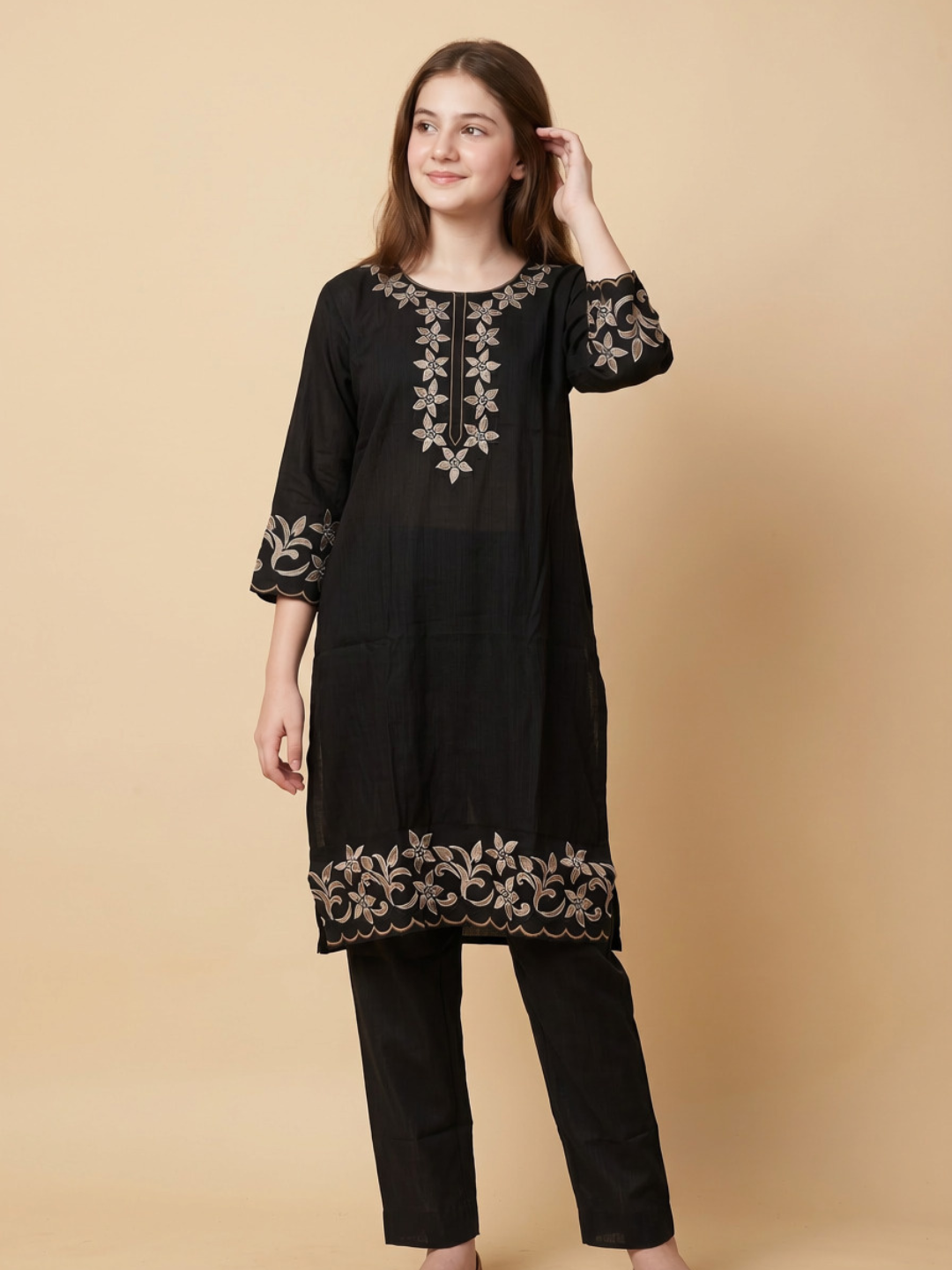 Cotton Embroidery Kurti Set 1659 Black