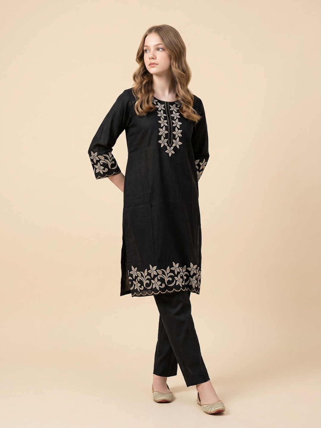 Cotton Embroidery Kurti Set 1659 Black