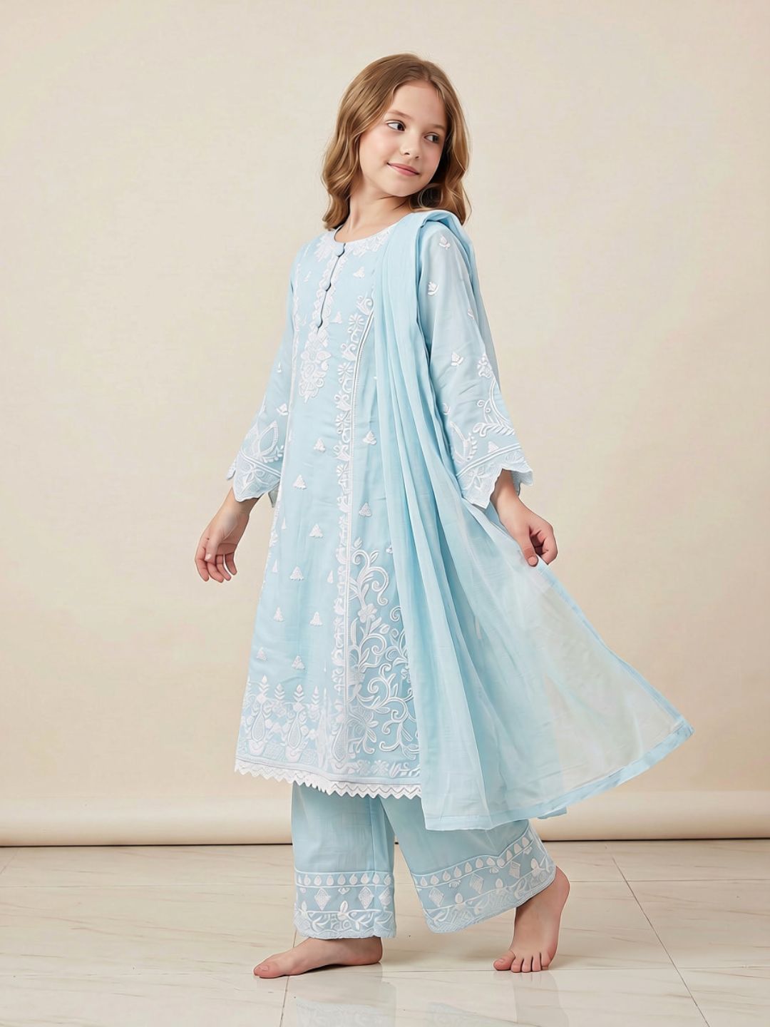 Cotton Embroidery Frock Set 1660 Blue (With Dupatta)