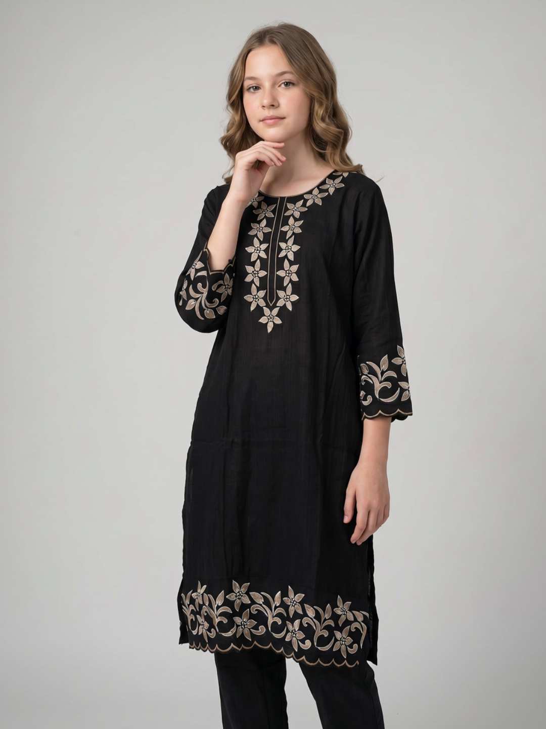 Cotton Embroidery Kurti Set 1659 Black
