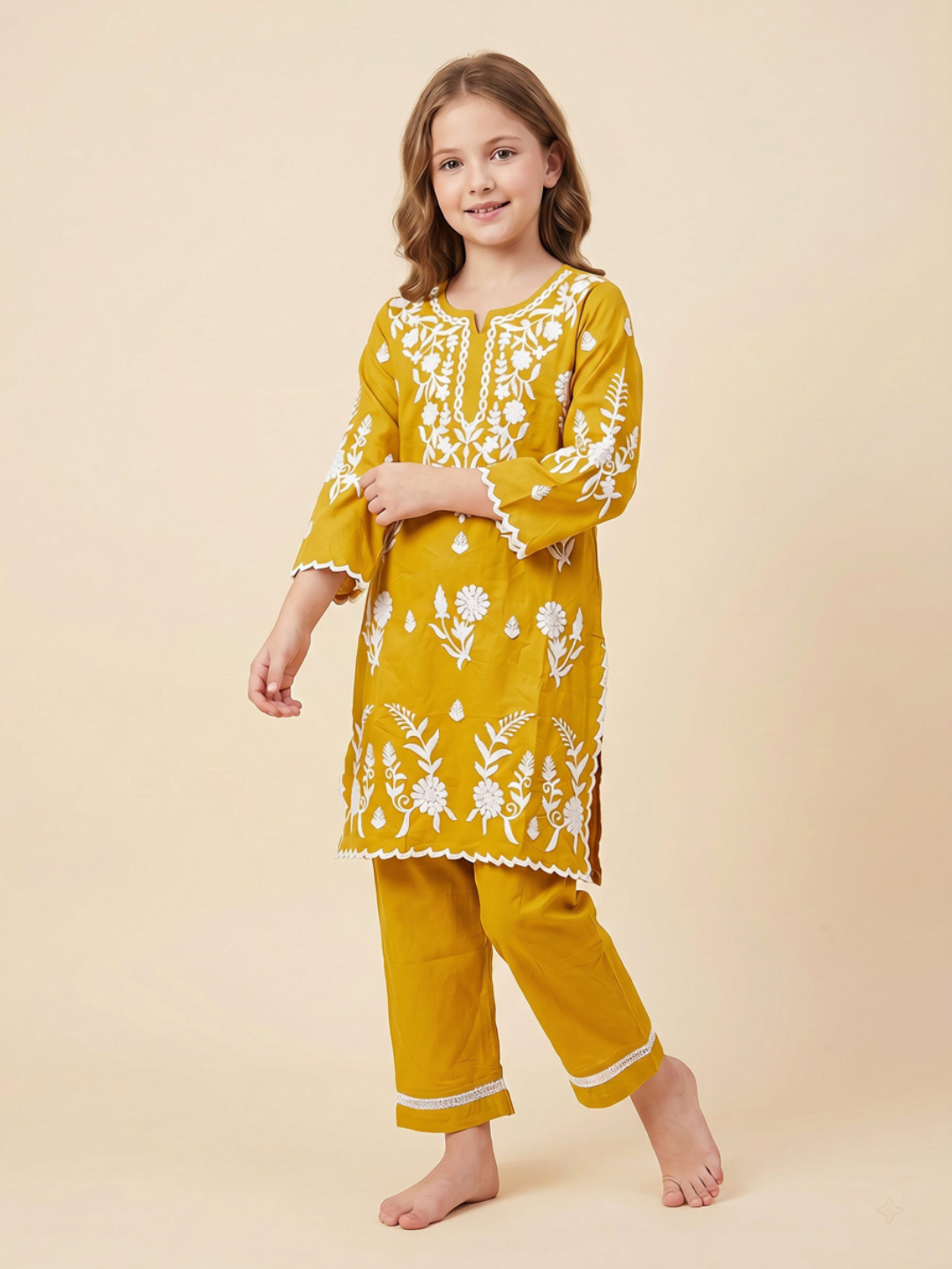 Cotton Embroidery Kurti Set 1666 Yellow