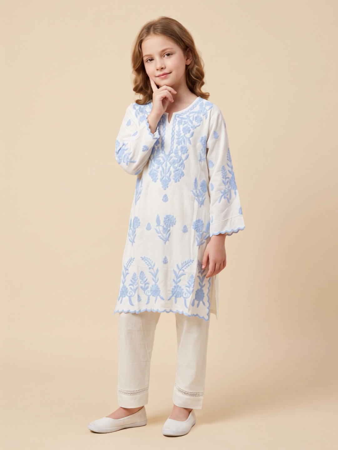 Cotton Embroidery Kurti Set 1669 White