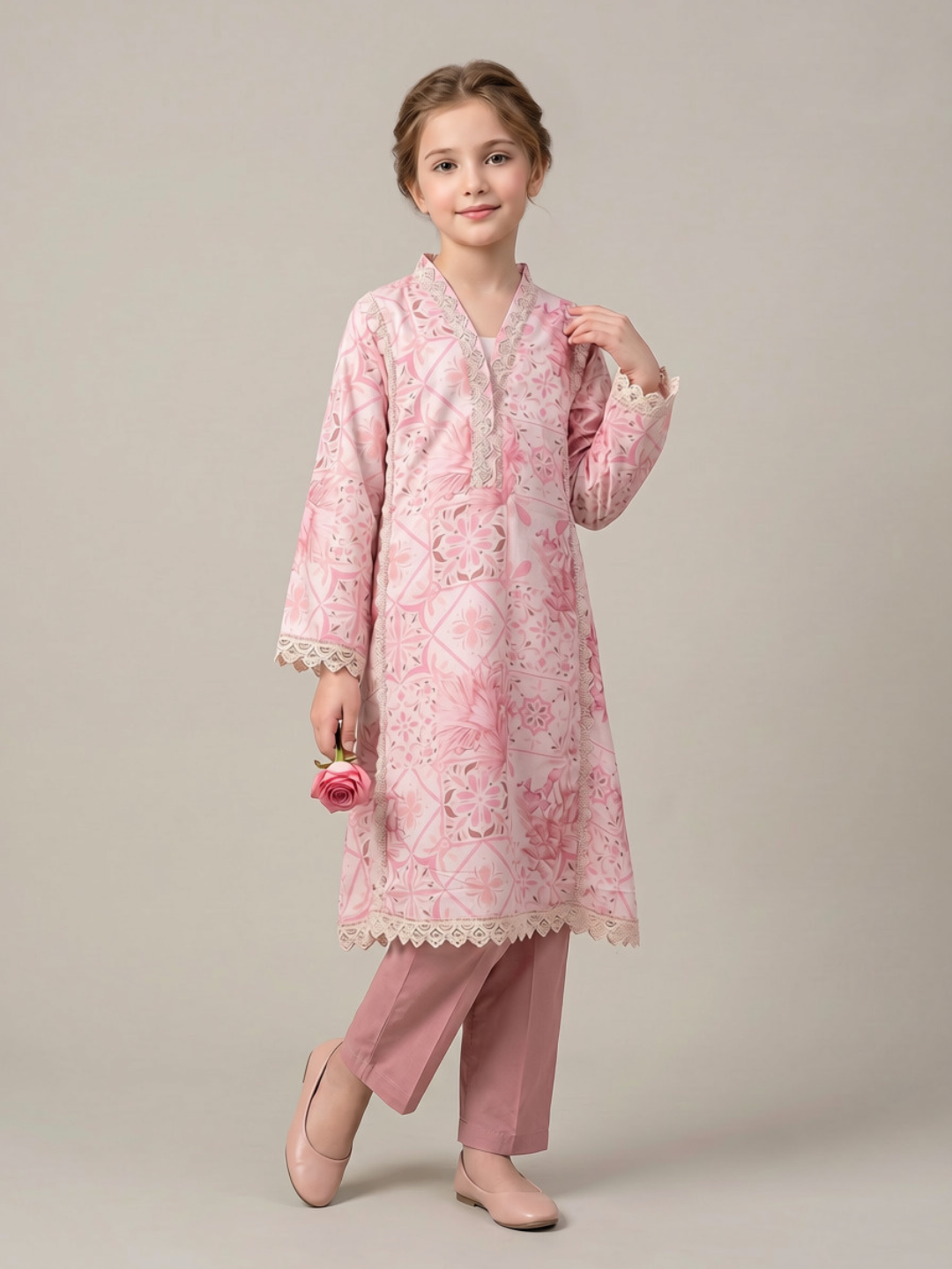 Cotton Printed Frock Set 1667 Pink