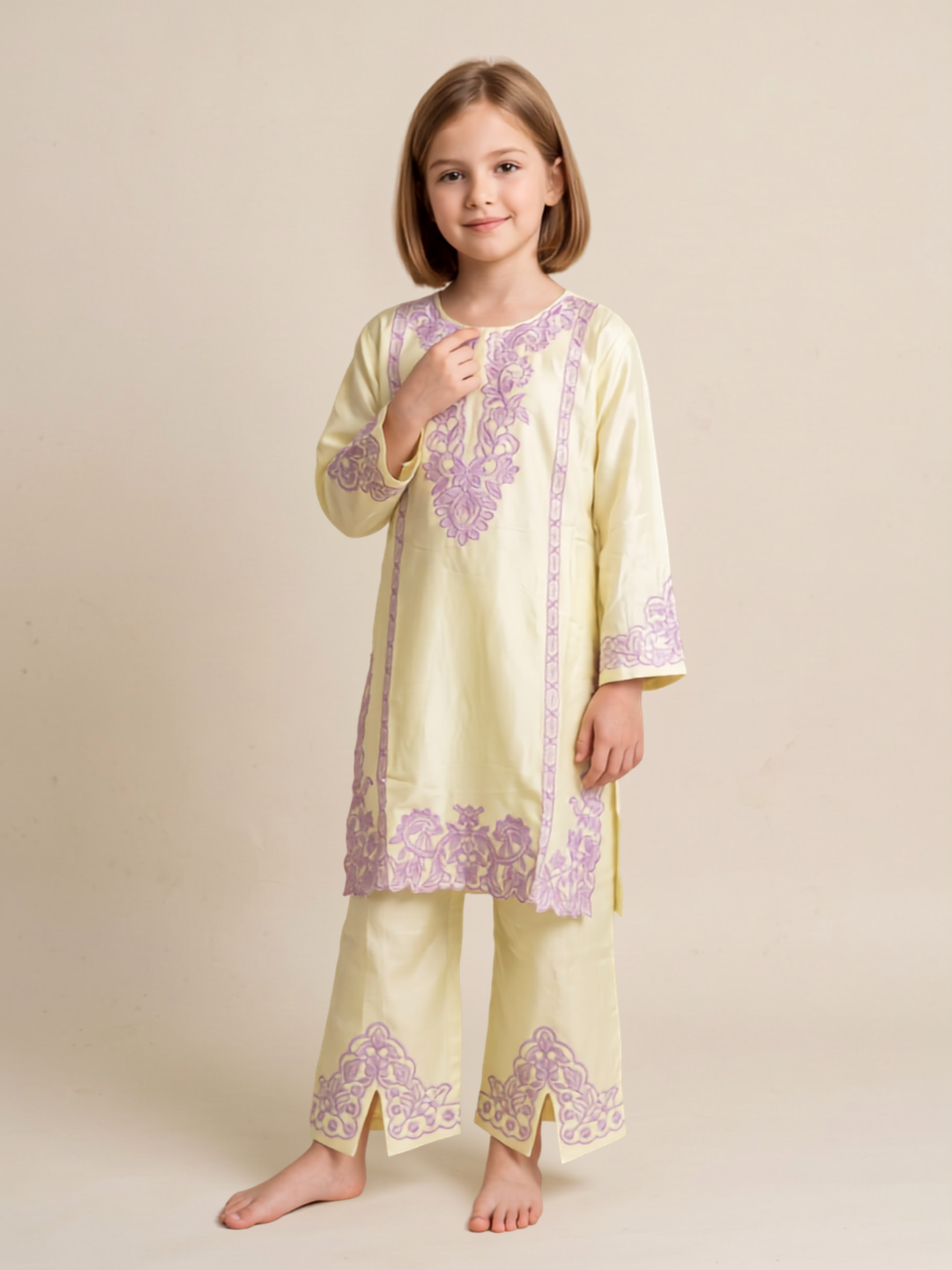 Cotton Embroidery Boot Cut Pant Set 1670 Yellow