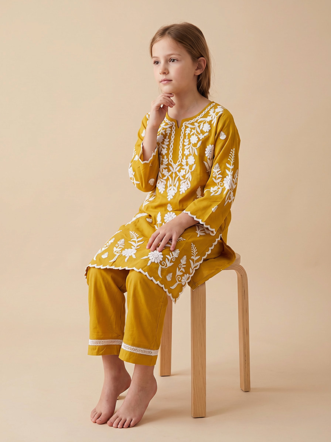 Cotton Embroidery Kurti Set 1666 Yellow