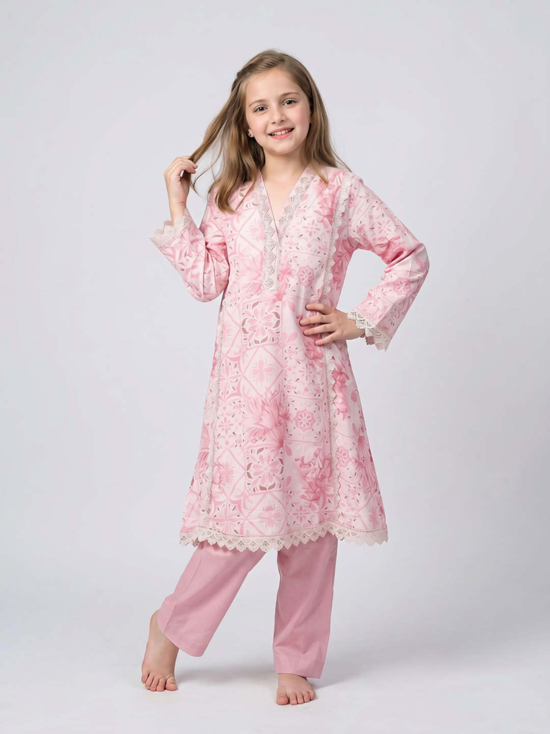 Cotton Printed Frock Set 1667 Pink