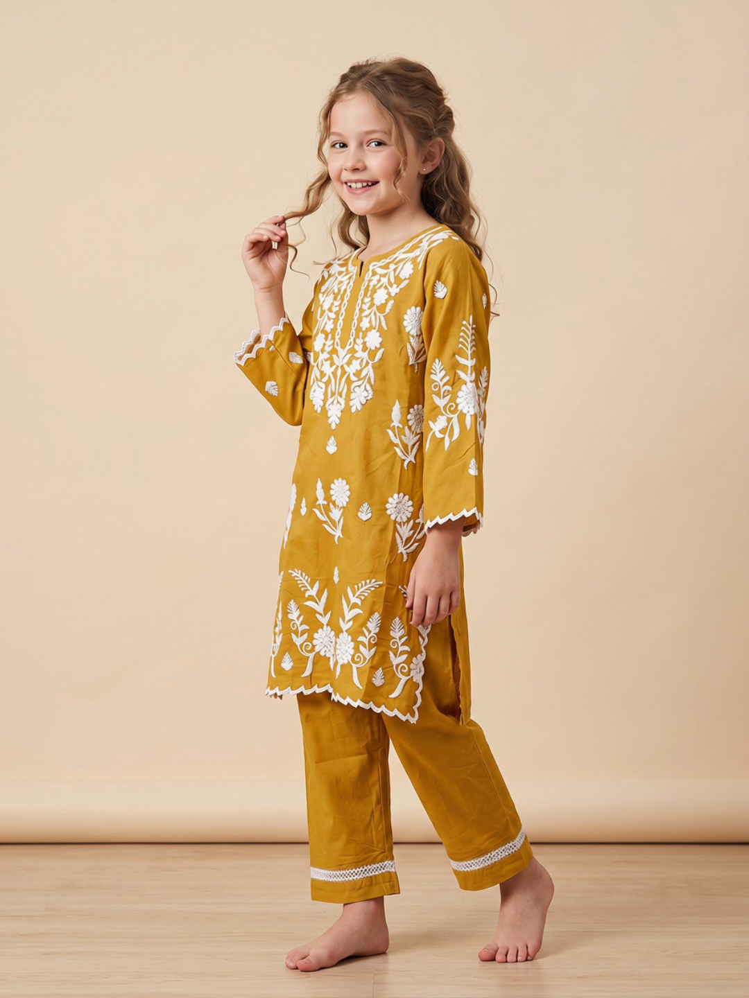 Cotton Embroidery Kurti Set 1666 Yellow