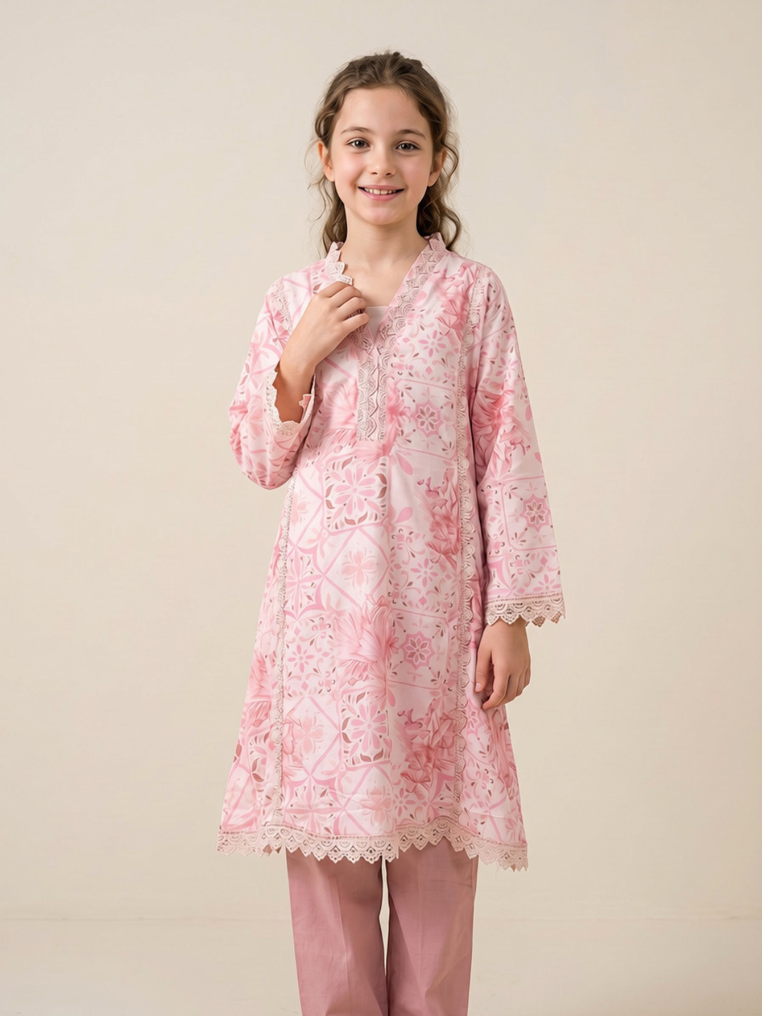 Cotton Printed Frock Set 1667 Pink