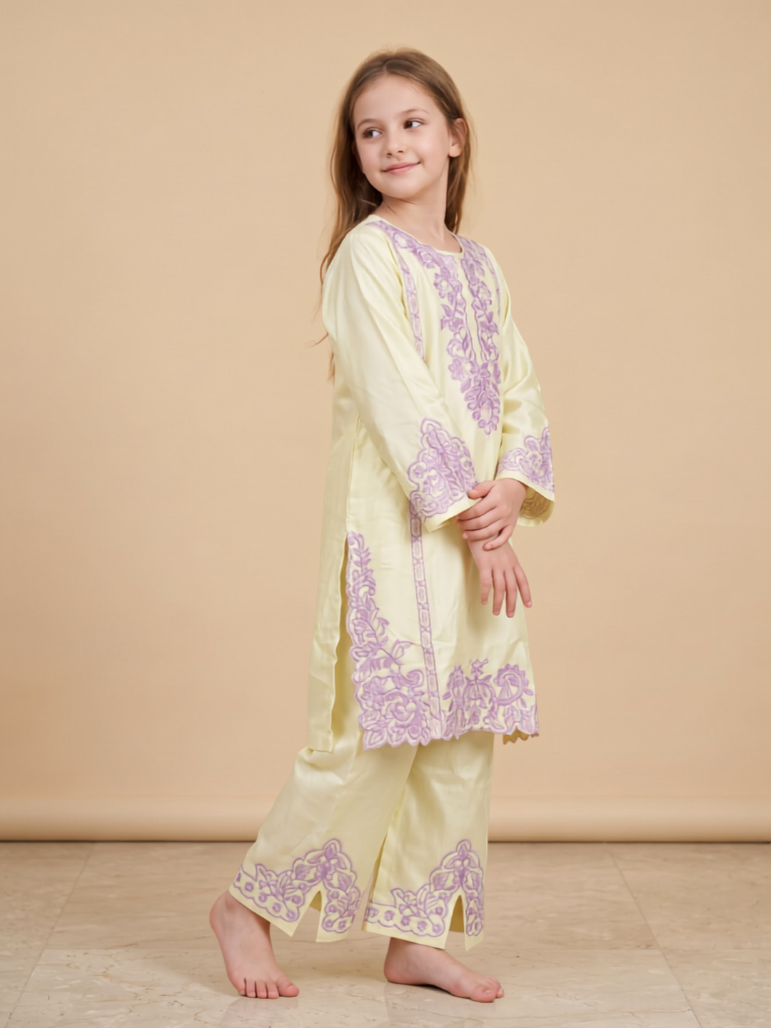 Cotton Embroidery Boot Cut Pant Set 1670 Yellow