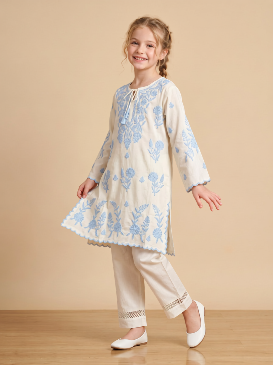 Cotton Embroidery Kurti Set 1669 White
