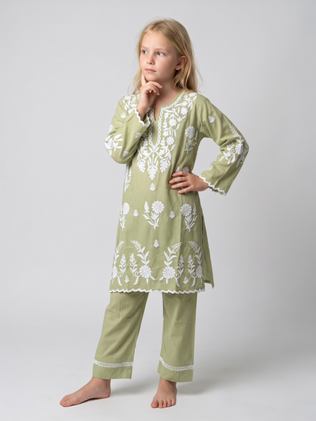 Cotton Embroidery Kurti set 1671 Green