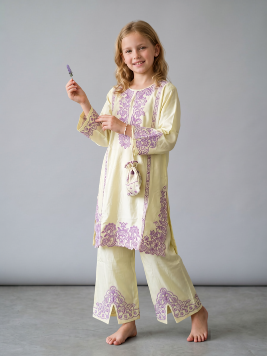 Cotton Embroidery Boot Cut Pant Set 1670 Yellow