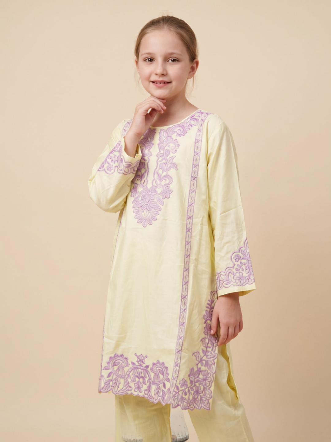 Cotton Embroidery Boot Cut Pant Set 1670 Yellow