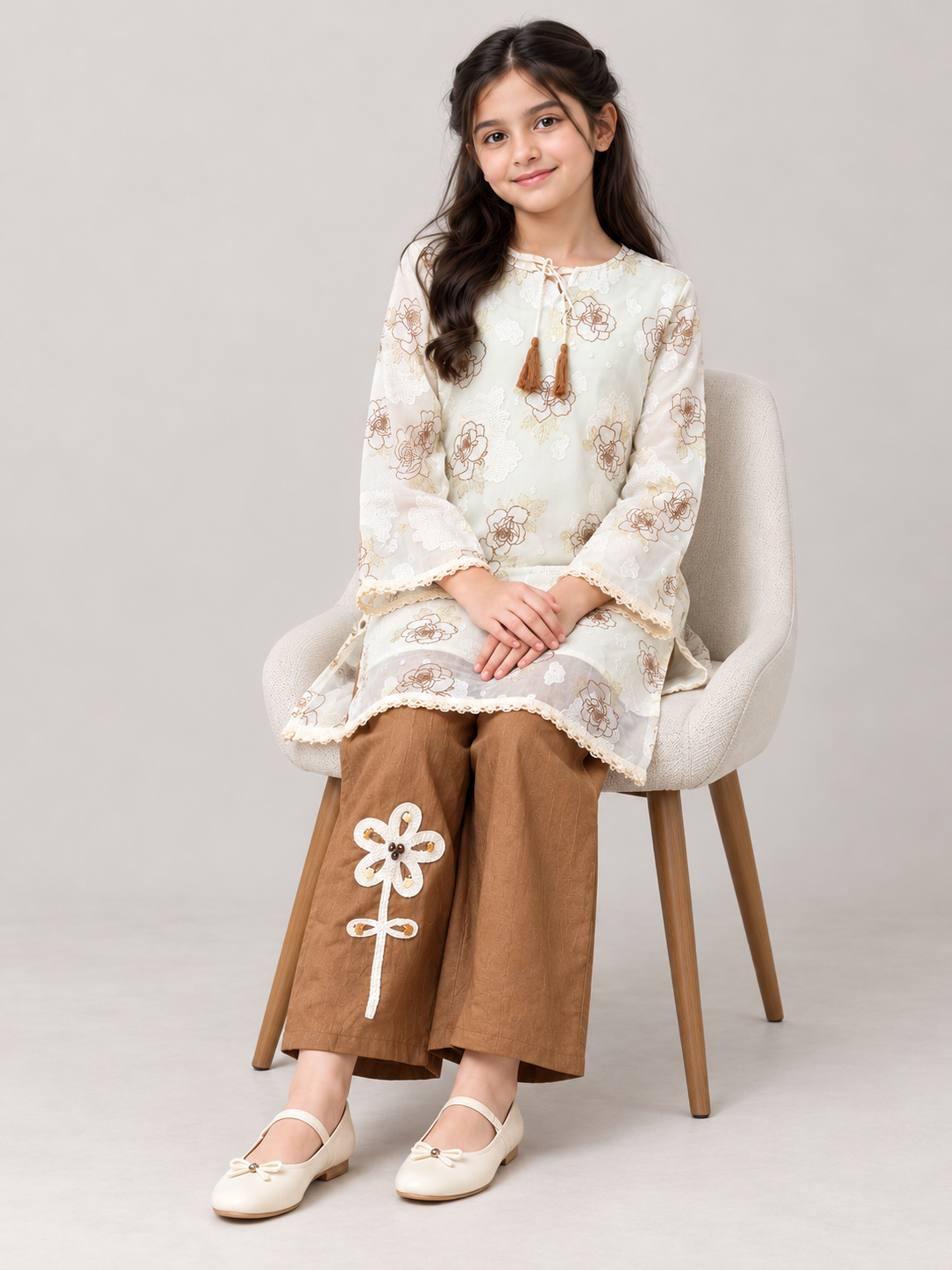 Brown Georgette Printed Kurti Set for Girls — seated view