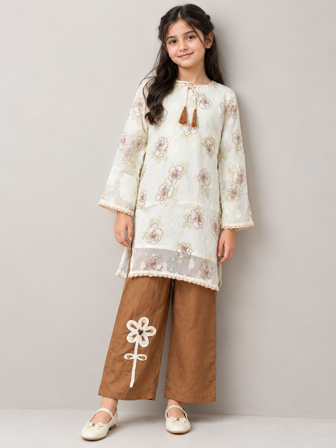 Brown Georgette Printed Kurti Set for Girls — standing view