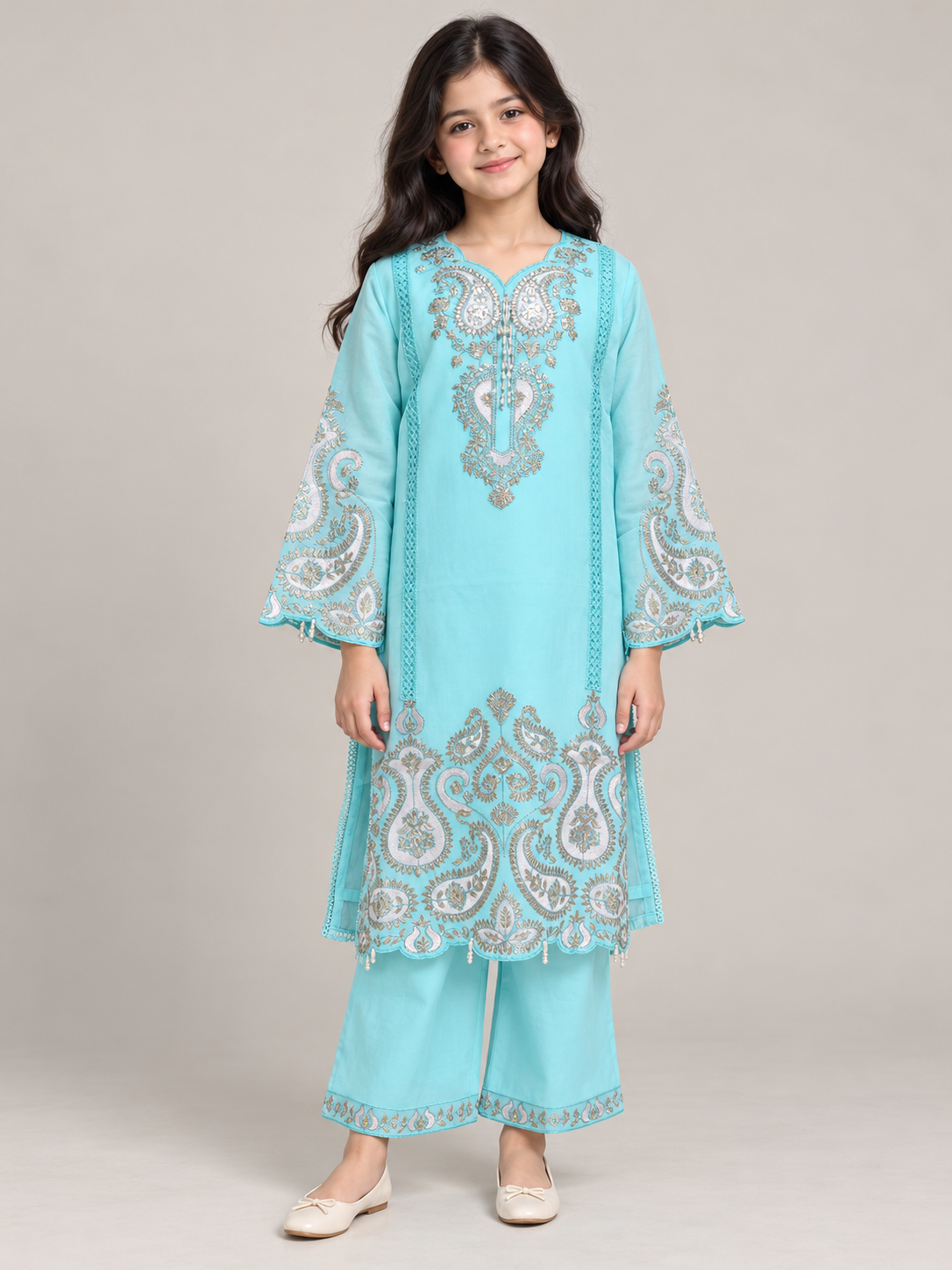 Front view of the blue cotton embroidery kurti set on a model