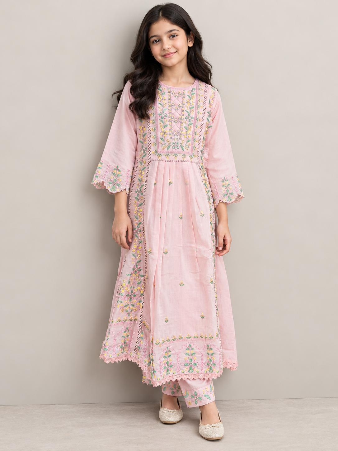 Front view of the pink cotton embroidery gown set on a model