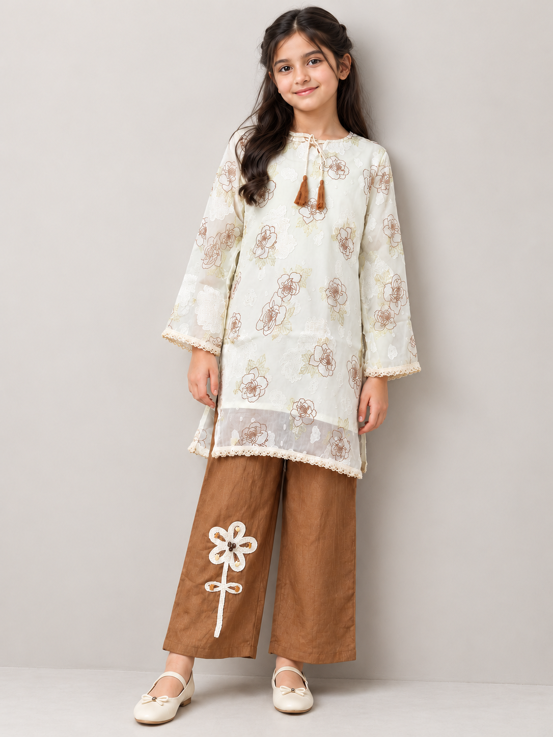 Brown Georgette Printed Kurti Set for Girls — full look